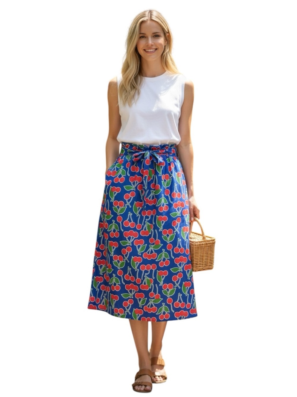 VTG Blue Cherry Print Pencil Skirt
